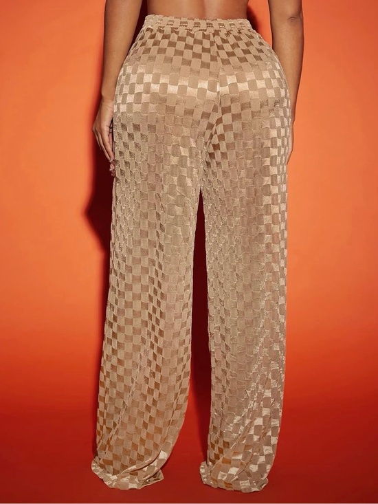 SHEIN Pants - NWT SHEIN Checkerboard Satin Wide-Leg Pants - Sheer set. Camel Color. Size M.